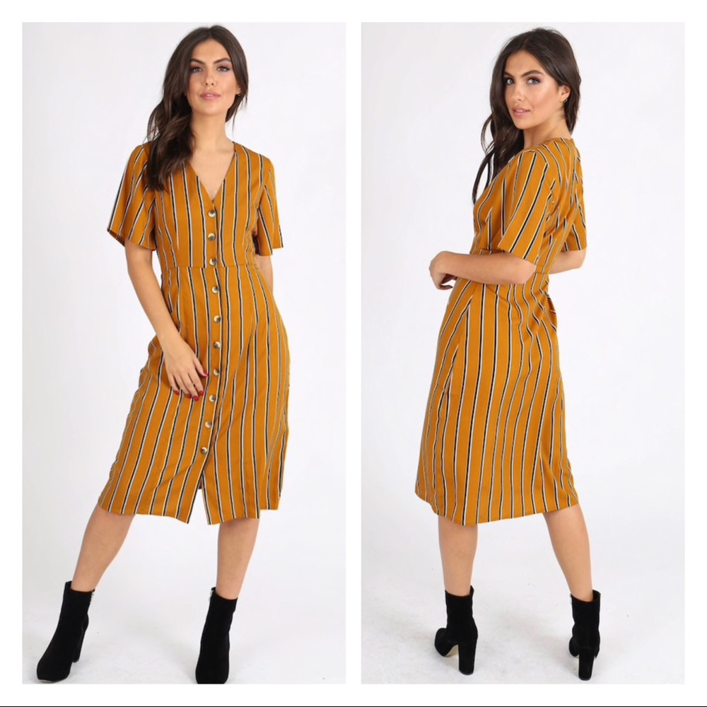 Mustard striped button down midi dress